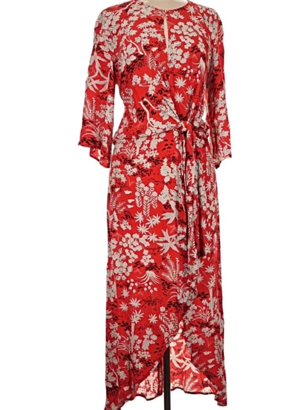 Topshop Red Floral Tie-Waist Back Slit Wrap Dress